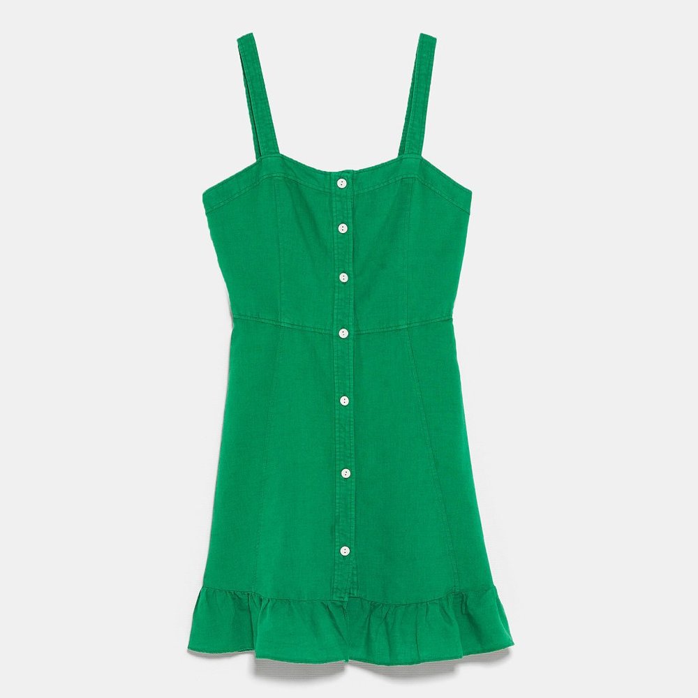 Zara DRESS WTIH RUFFLED HEM-green-3107/477-cot/lin - Picture 7 of 8